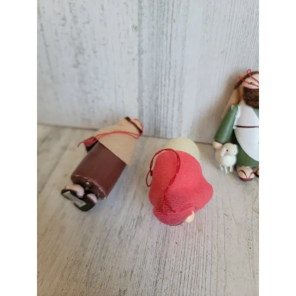 Vintage Mary Joseph nativity seeing Shepherd wooden ornament Xmas set religious